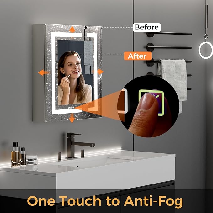 30 * 26 Bathroom Lighted Medicine Cabinet, Professional Makeup Medicine Cabinet Mirror, Large Storage LED Mirror with USBs, Stepless Dimming & Anti-Fog, 3-Color Light