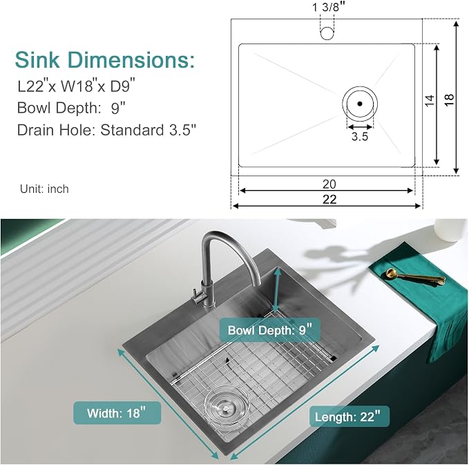 Brushed Topmount Kitchen Sink - 22”×18” Single Bowl Sink, Sink Grid | 9 Inch Deep Handmade Bar Sink with Strainer, Stainless Steel 304, Rightside Drain, X-Groove Drainage, Sound-Dampening Pad