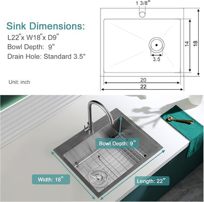 Brushed Topmount Kitchen Sink - 22”×18” Single Bowl Sink, Sink Grid | 9 Inch Deep Handmade Bar Sink with Strainer, Stainless Steel 304, Rightside Drain, X-Groove Drainage, Sound-Dampening Pad