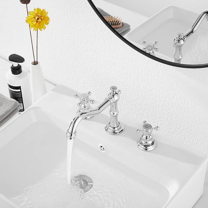 GGStudy Two Handles Three Holes Faucet 8-16 inch Widespread Bathroom Sink Faucet Chrome Basin Mixer Tap Matching Metal Pop Up Drain with Overflow