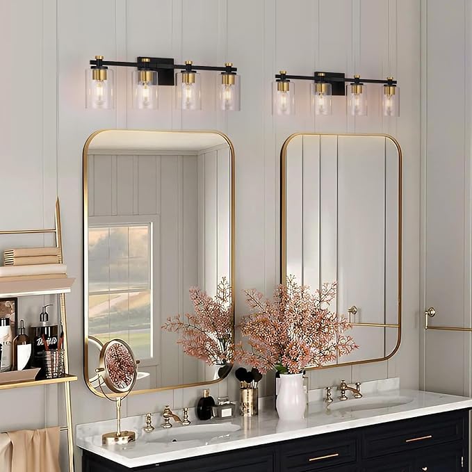 4 Light Bathroom Light Fixtures, Black and Gold Bathroom Vanity Light with Clear Glass Shade, Modern Bathroom Lights Over Mirror Wall Sconce, Brushed Gold Vanity Lights for Bathroom