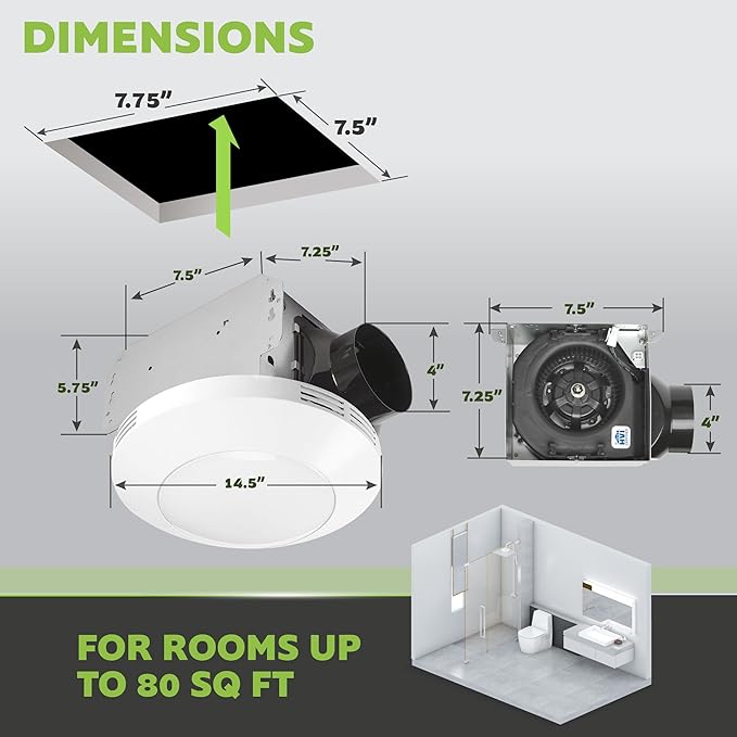 Homewerks 7117-01-WH Bathroom Integrated LED Light Ceiling Mount Exhaust Ventilation 1.1 Sones 80 CFM, Bath Fan White