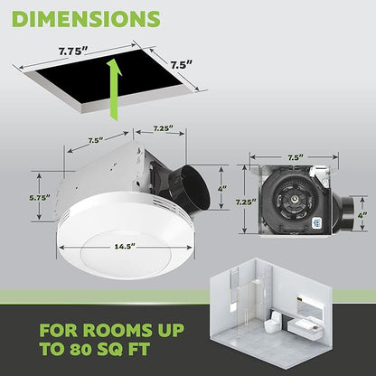 Homewerks 7117-01-WH Bathroom Integrated LED Light Ceiling Mount Exhaust Ventilation 1.1 Sones 80 CFM, Bath Fan White