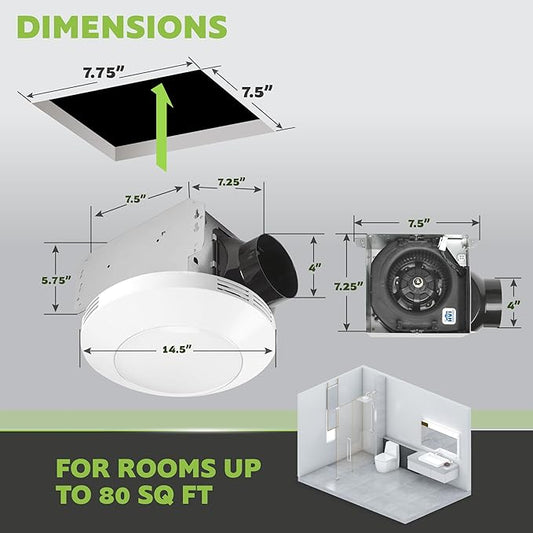 Homewerks 7117-01-WH Bathroom Integrated LED Light Ceiling Mount Exhaust Ventilation 1.1 Sones 80 CFM, Bath Fan White