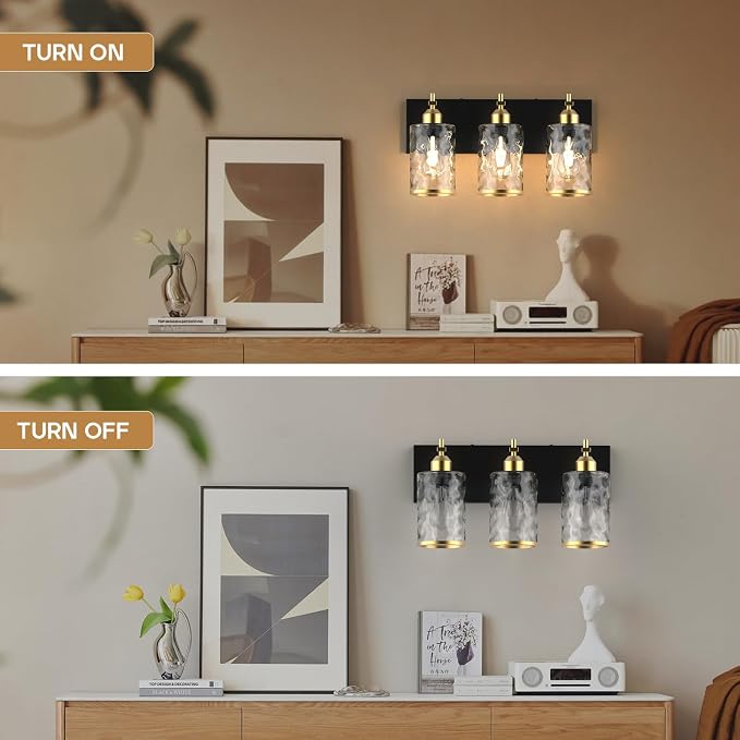3-Light Bathroom Vanity Light Fixtures, Modern Bathroom Lighting Fixtures Over Mirror with Golden Wave Glass Lampshade, E26 Base Modern Vanity Lighting, Suit for Stairway Bedroom and Hallway