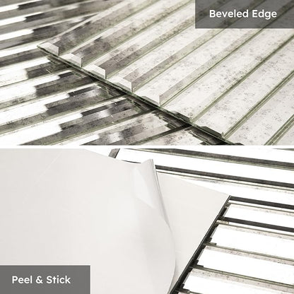 Peel and Stick Mirror Backsplash Tile, Light Antique, 11.8 x 11.8 Inch, Beveled Mirror Strip Tile for Kitchen Bathroom Bar Accent Wall, Pack of 5 Sheets