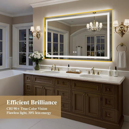 60X36 Inch LED Bathroom Mirror with Lights, Gold Frame Frontlit+ Backlit Bathroom Vanity Mirror for Wall, Ultra-Clear Tempered Glass, Shatter-Proof, Anti-Fog and Memory Function, ETL Listed