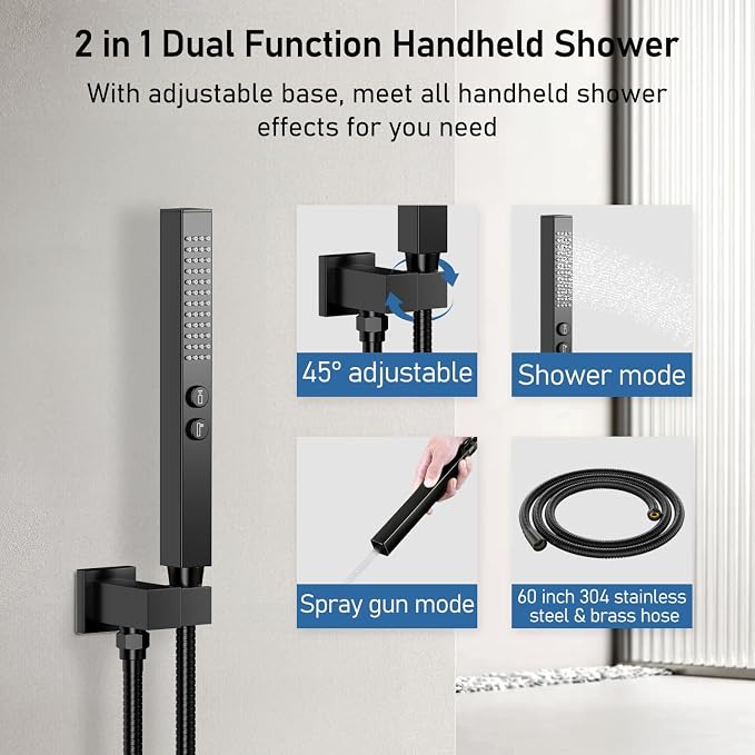 Shower System Shower Faucet Set, STARBATH 12"+6" Ceiling Mount Rain Shower Head and Handheld Spray for Two Person, Rainfall Shower System with Diverter Valve and Trim Kit Complete,Matte Black