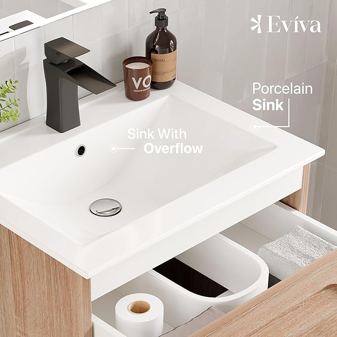 Eviva Joy 24 in. Maple Wall MountSingle Sink Bath Vanity with Porcelain Top and Integrated Sink