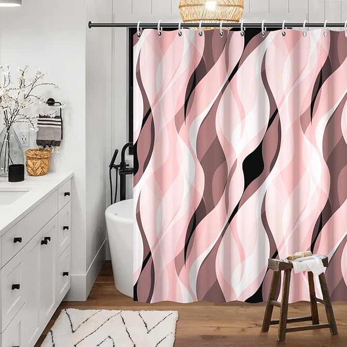 Pink Shower Curtain, Modern Abstract Pink and Grey Striped Shower Curtain Set for Bathroom Waterproof Shower Curtain with Hooks, 72x84 Inch