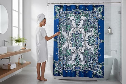 Boho Shower Curtain, Navy Teal White Mandala Floral Design, Fabric, 72 x 72 inches, Stain-Resistant, Paisley Pattern, with Hooks