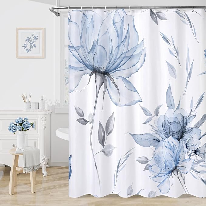 Blue Boho Floral Shower Curtain, Watercolor Botanical Design, 108 x 72 | Boho Floral Design, Watercolor Ink Painting Style, Botanical Flowers & Leaves, Elegant Bathroom Accent, Fabric Cloth Curtain