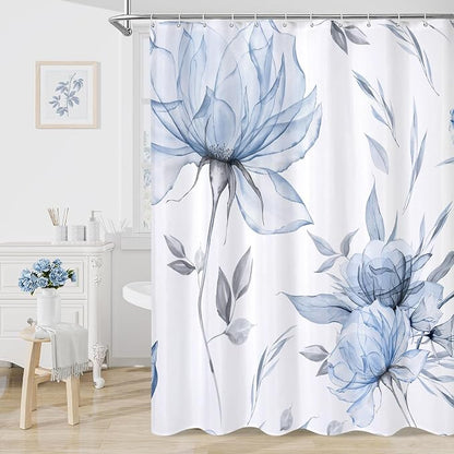 Blue Boho Floral Shower Curtain, Watercolor Botanical Design, 108 x 72 | Boho Floral Design, Watercolor Ink Painting Style, Botanical Flowers & Leaves, Elegant Bathroom Accent, Fabric Cloth Curtain