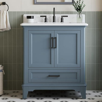30 Inch Bathroom Vanity with Sink, Fully Assembled Bathroom Vanities with Quartz Countertop & Backsplash, 30 Inch Vanity with Sink, Soft Closing Doors & Dovetail Drawer, Steel Blue