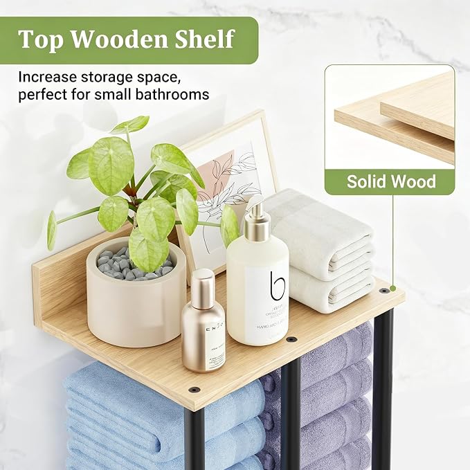 Large Capacity Three-Layer Towel Racks for Bathroom Wall Mounted, Updated 3 Bar Towel Holder for Bath Wall, Bath Towel Rack for Bathroom Wall, Metal Small Bathrooms Towel Storage Rack, Oak Color