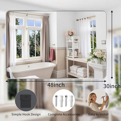 Bathroom Mirror for Wall, 30"x48" Black Bathroom Mirror for Over Sink, Shatterproof Tempered Glass Vanity Mirror with Anti-Rust Aluminum Alloy Frame, Hang Horizontally or Vertically, Silver