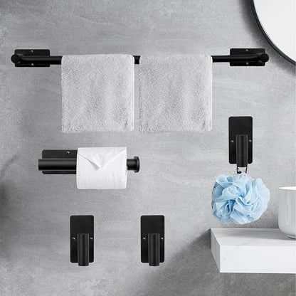 5 PCS Self Adhesive Bathroom Hardware Set, Stainless Steel Towel Rack Set Include Adjustable 24In Bath Towel Bar+Toilet Paper Holder+3 Towel/Robe Hooks Bathroom Accessory(Matte Black)