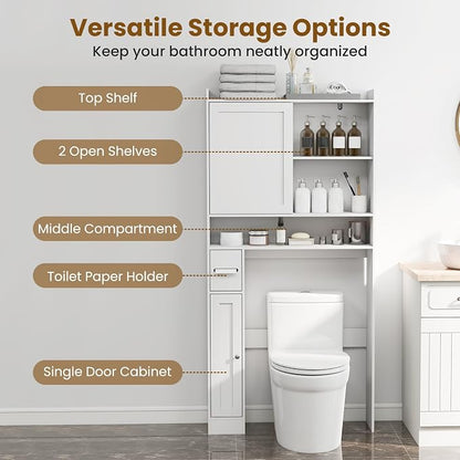 Giantex Over The Toilet Storage Cabinet, 32.5"W Freestanding Space Saver with Sliding Door, Toilet Paper Holder & Adjustable Shelves, Over Toilet Bathroom Organizer for Restroom & Laundry Room, White