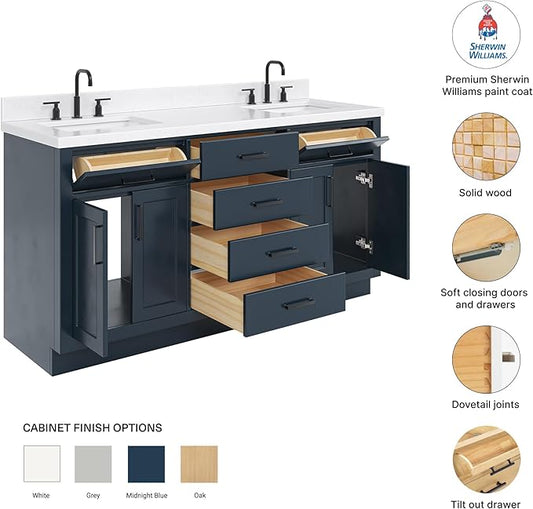 DKB Isabella 66" Midnight Blue Double Bathroom Vanity, 1.5" Carrara Quartz Countertop, Double Rectangular Undermount Sinks, 4 Soft Closing Doors, 6 Dovetail Drawers