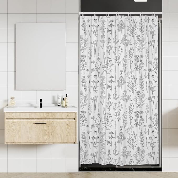 Coxila Vintage Floral Shower Curtain Stall Narrow Half Standing Mini Flower Botanical Black and White Boho Rustic Cute Neutral Wildflower Bathroom 36 x 72 Inch Polyester Fabric 7 Pack Hooks