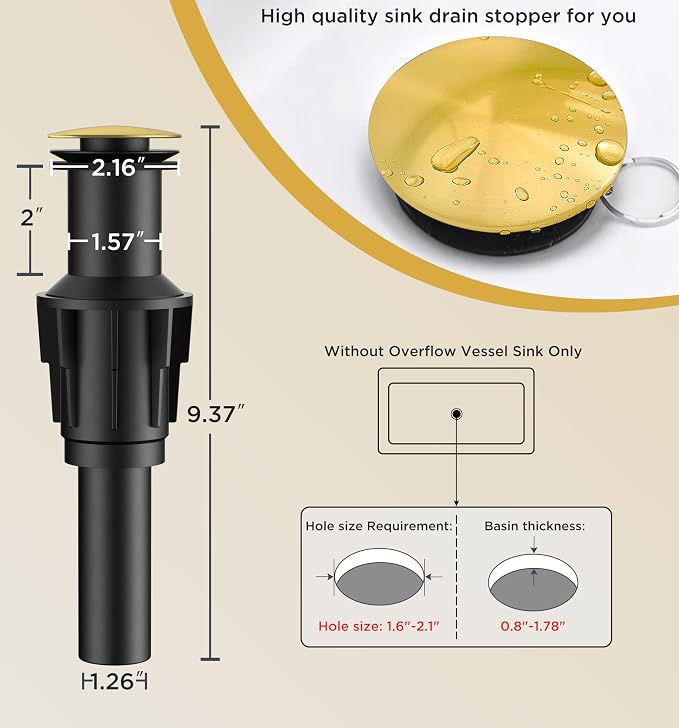 FORIOUS Vessel Sink Faucet Single Hole, Brushed Gold Tall Bathroom Faucets | Modern Tall Single Handle Space Saving Design, with Pop up Drain for Basin Bowl Vanity Lavatory Residential/Commercial Use