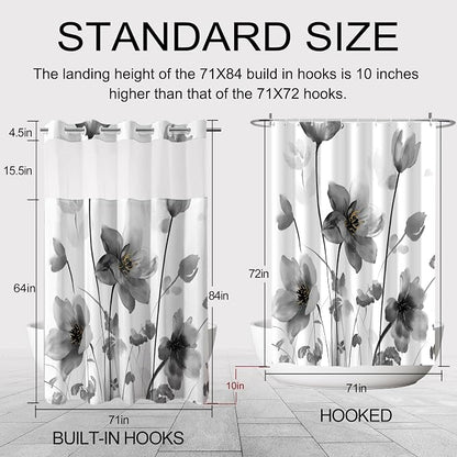 No Hook Shower Curtain and Liner Set, Black Boho Floral 71x84 | Watercolor Boho Flower, with Snap in Liner, Waterproof, Machine Washable, Quick-Drying, for Hotel Bathroom