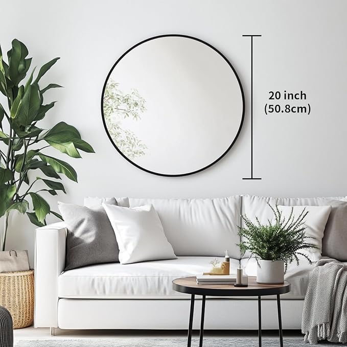 Round Mirror, 20 inch Black Circle Mirror, Matte Black Metal Frame | High Definition,Waterproof,Rust-resistant,Round Mounted Mirrors for Bathroom,Living Room,Bedroom,Hallyway,Vanity,Wall Décor
