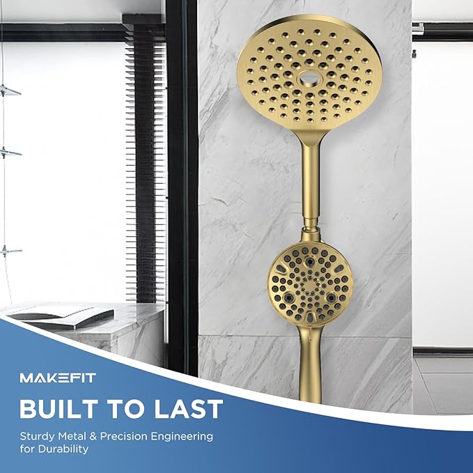 Dual Handheld Shower Head Combo, 2-in-1 Rain Shower Heads System 8 Inch Rainfall Shower Head and 10 Modes High Pressure Hand Held Showerhead with Built-in Power Wash