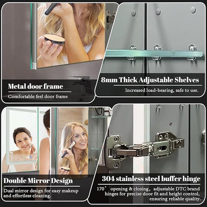 Lighted Medicine Cabinet with Mirror Outlet,30 X 26 Inch,Recessed Or Surface-Mounted Led Medicine Cabinet Mirror for Bathroom Storage,Interior Light, Double Door,Defog,Stepless Dimming