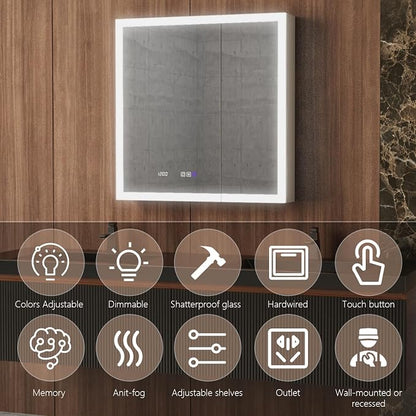 36 in. W Smart Lighted Medicine Cabinet with Mirror for Bathroom, Recessed/Surface Mount Medicine Cabinet with Anti-Fog, 1800W Charging Station, USB Ports, 3 Color Lights