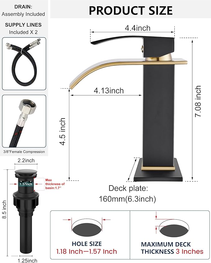 Midanya Bathroom Faucet with Waterfall Spout, Single Hole or 3-Hole Deck Mount, 304 Stainless Steel Sink Faucet with Pop-Up Drain, RV Vanity Compatible,Brushed Gold Spout/Matte Black