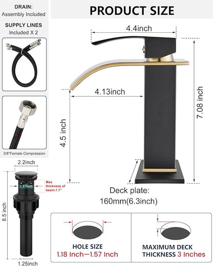 Midanya Bathroom Faucet with Waterfall Spout, Single Hole or 3-Hole Deck Mount, 304 Stainless Steel Sink Faucet with Pop-Up Drain, RV Vanity Compatible,Brushed Gold Spout/Matte Black