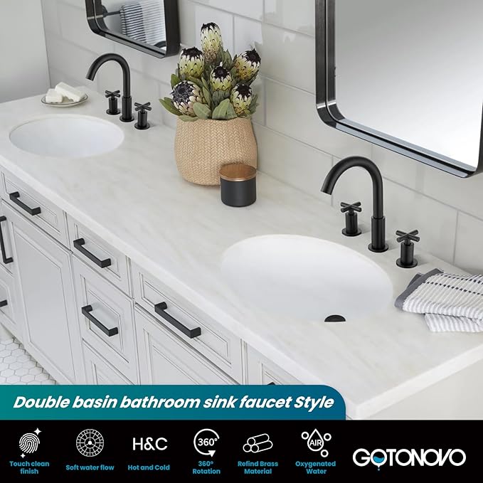 gotonovo 3 Hole Bathroom Faucet 8 inch Widespread Sink Vanity Faucet for Bathroom Sink 2 Cross Handle Deck Mount Basin with Pop Up Drain 360° Swivel Spout Matte Black