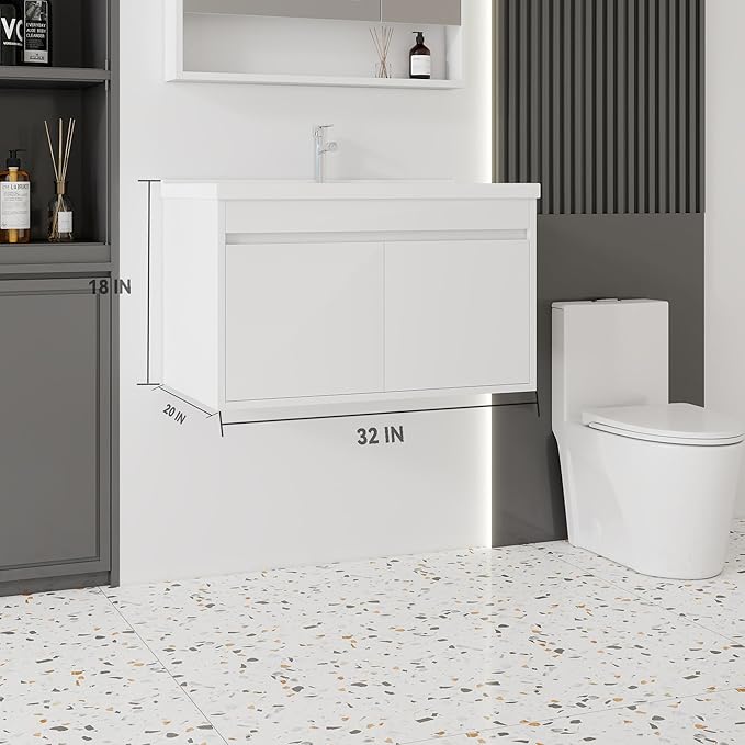 32'' Bathroom Vanity with Ceramic Sink Combo, Wall Mounted Small Bathroom Vanity with Soft-Close Door Modern Floating Cabinet, Pop-up Drain, P-Trap Included, White(No Faucet)
