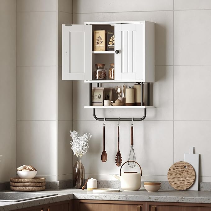 HOOBRO Bathroom Wall Cabinet, Modern Medicine Cabinet with Open and Adjustable Shelf, Over The Toilet Storage Cabinet with Towel Bar, Wall Mounted Organizer for Bathroom, Kitchen, White and Black
