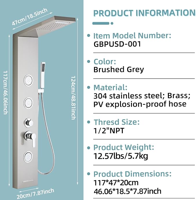 5-In-1Shower Panel Tower System-Brushed Gray | 304 stainless steel Shower Panel Column Tower With Powerful Body Jets,Body Spray,Rainfall,Waterfall,Handheld And Tub Spout