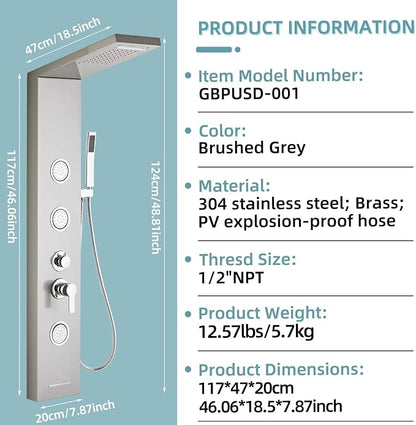 5-In-1Shower Panel Tower System-Brushed Gray | 304 stainless steel Shower Panel Column Tower With Powerful Body Jets,Body Spray,Rainfall,Waterfall,Handheld And Tub Spout