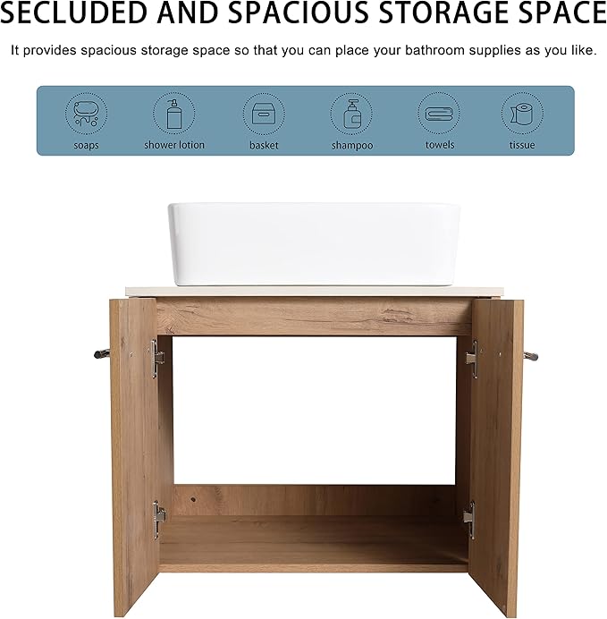 24" Floating Vanity with Sink, 24 Inch Bathroom Vanity with Sink, Modern Plywood Floating Cabinet with Sintered Stone Countertop and White Ceramic Basin, Soft Close Doors