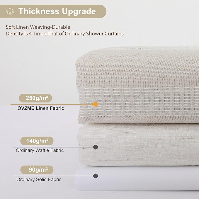 Natural Linen Shower Curtain for Bathroom, Boho Farmhouse Rustic Striped Shower Curtain with Tassel, Textured Heavy Duty Vintage Country Bathroom Curtain, 72Wx72L Inches