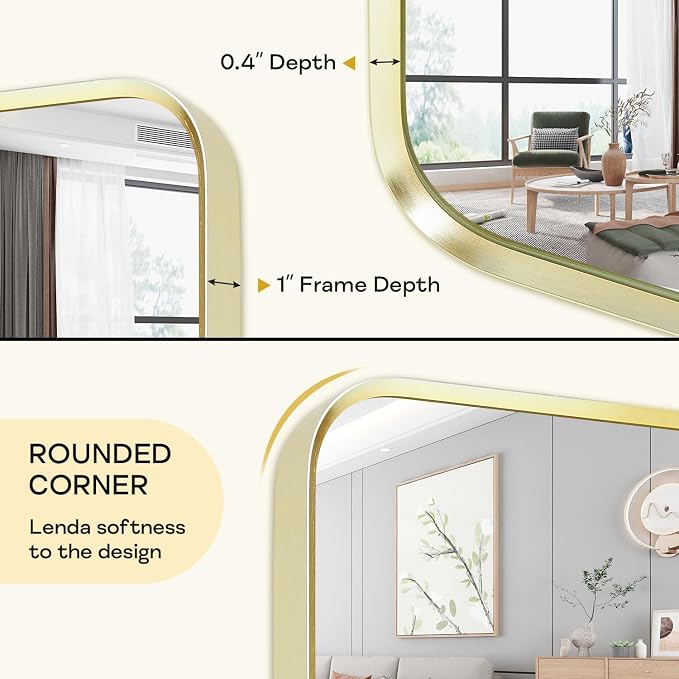 Gold Bathroom Mirror 28x60in, Metal Framed Rounded Rectangle Wall | Tempered Glass, Anti-Rust Frame, Hangs Horizontal or Vertical, HD Reflection Clarity