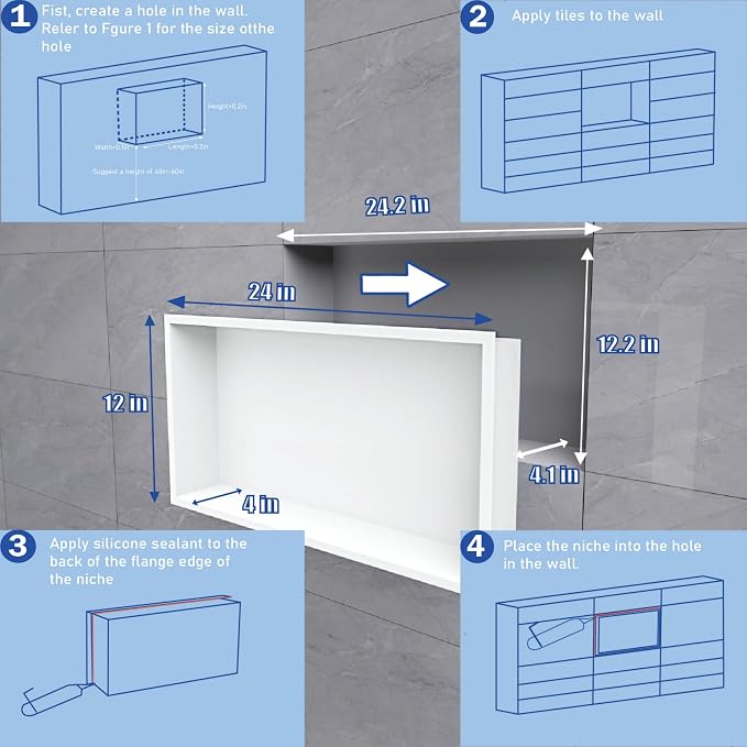 24"x12" Shower Niche Insert Tile Ready ，Stainless Steel Recessed Shower Caddy ，Bathroom remodel，Matte White （ 24 x 12 in）