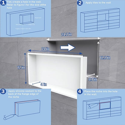 24"x12" Shower Niche Insert Tile Ready ，Stainless Steel Recessed Shower Caddy ，Bathroom remodel，Matte White （ 24 x 12 in）