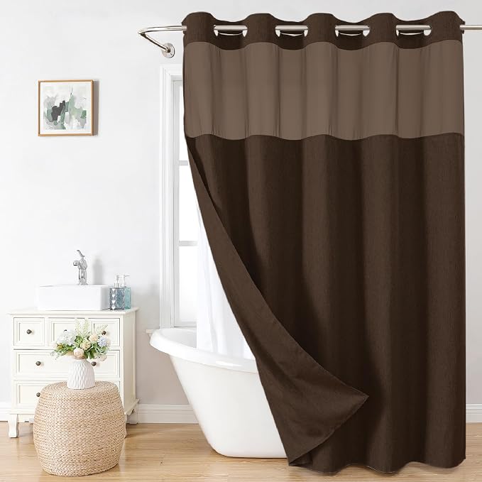 eachope No Hook Linen Texture Shower Curtain with Snap-in Liner,71x74 Brown | 230GSM Thick Fabric,Hotel Luxury Decor,Mesh Top Window,Magnetic Weighted Hem,Waterproof & Machine Washable,for Bathroom