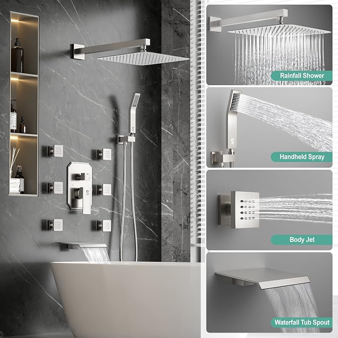 Waist Massage Spray Shower System with 6 Body Jets and Tub Spout, 12'' Rainfall Bathtub Shower System with Shower Jet, Wall Mounted Rain Shower and Handheld Shower Faucet Sets Complete, Brushed Nickel