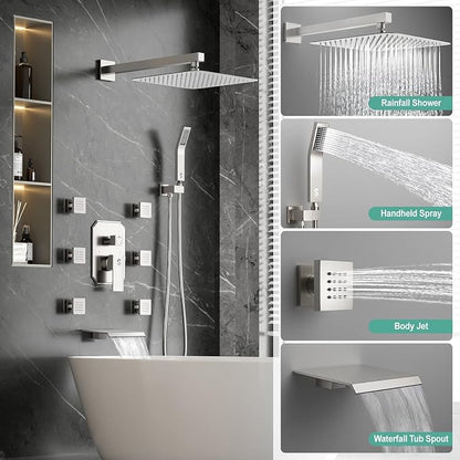 Waist Massage Spray Shower System with 6 Body Jets and Tub Spout, 12'' Rainfall Bathtub Shower System with Shower Jet, Wall Mounted Rain Shower and Handheld Shower Faucet Sets Complete, Brushed Nickel