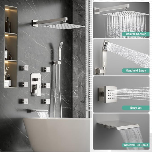 Waist Massage Spray Shower System with 6 Body Jets and Tub Spout, 12'' Rainfall Bathtub Shower System with Shower Jet, Wall Mounted Rain Shower and Handheld Shower Faucet Sets Complete, Brushed Nickel