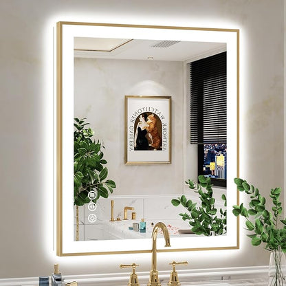 36x30 Inch LED Bathroom Mirror with Lights (Front Lit and Backlit) Gold Framed Lighted Vanity Mirror for Bathroom Wall Dimmable Anti-Fog Memory Tempered Glass Horizontal/Vertical