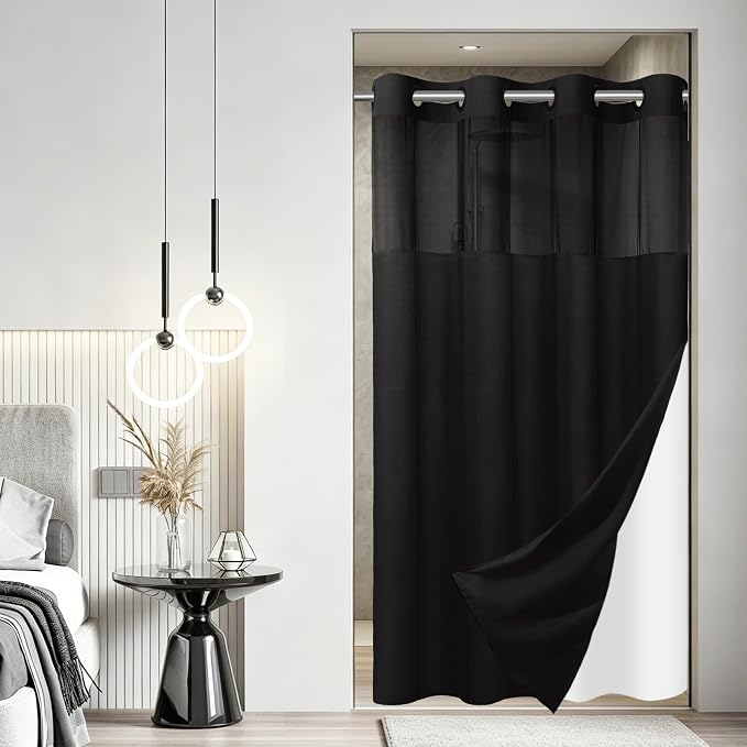 SORTTO No Hook Slub Shower Curtain with Liner, 60x74, Black | Snap in Liner, 3 in 1, Bamboo Texture, Hotel Style, Waterproof Fabric, Mesh Top Window, Corner Magnets, Machine Washable