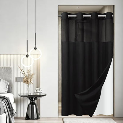 SORTTO No Hook Slub Shower Curtain with Liner, 60x74, Black | Snap in Liner, 3 in 1, Bamboo Texture, Hotel Style, Waterproof Fabric, Mesh Top Window, Corner Magnets, Machine Washable