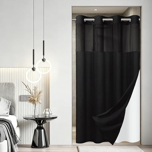 SORTTO No Hook Slub Shower Curtain with Liner, 54x74, Black | Snap in Liner, 3 in 1, Bamboo Texture, Hotel Style, Waterproof Fabric, Mesh Top Window, Corner Magnets, Machine Washable
